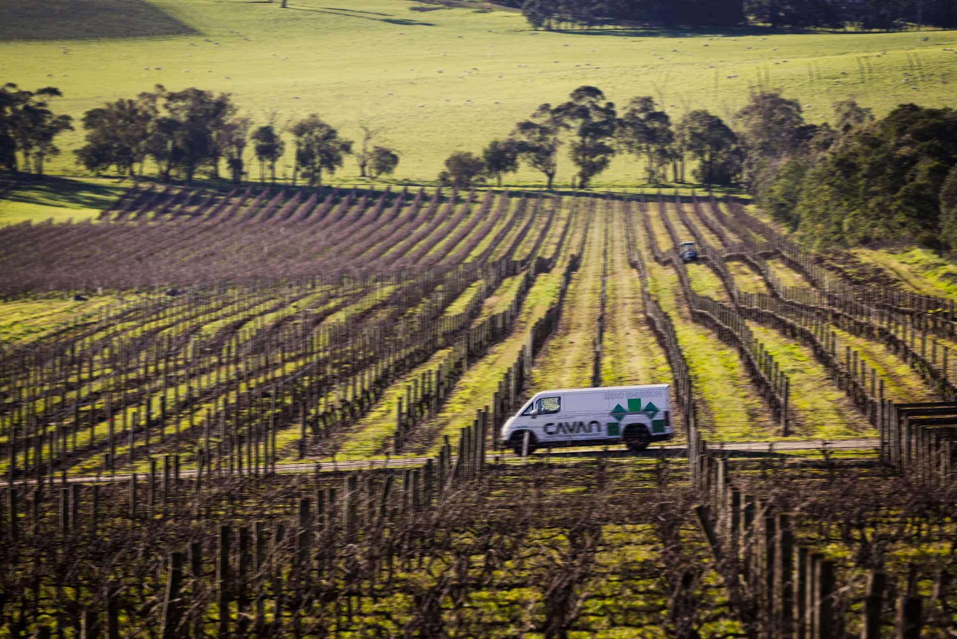 A Cavan electric van in profile passing rows of vines at a hillside vineyard